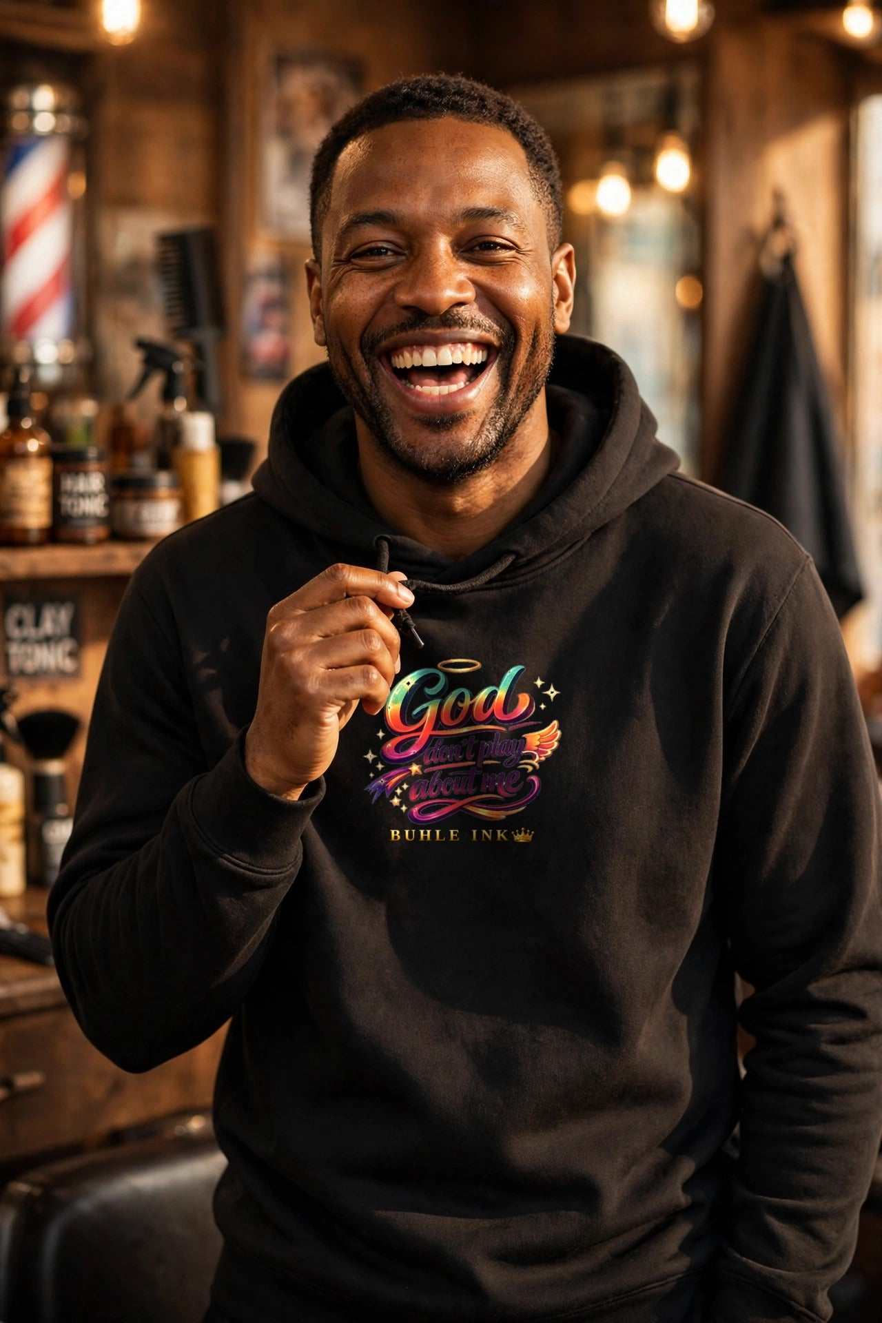 God Don't Play About Me Hoodie in Black, worn by a model. Model is 6'0" and wears size Large.