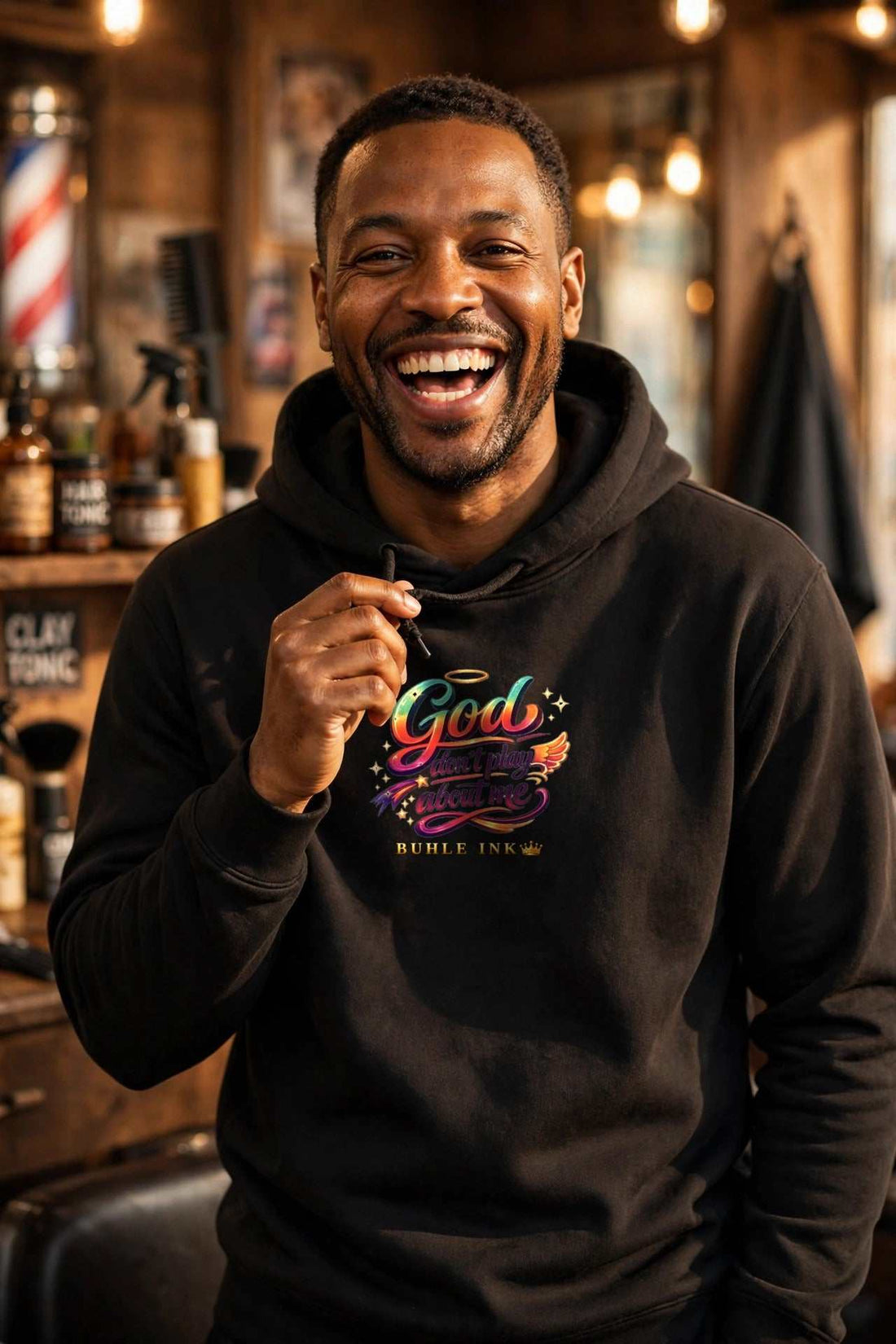God Don't Play About Me Hoodie in Black, worn by a model. Model is 6'0" and wears size Large.