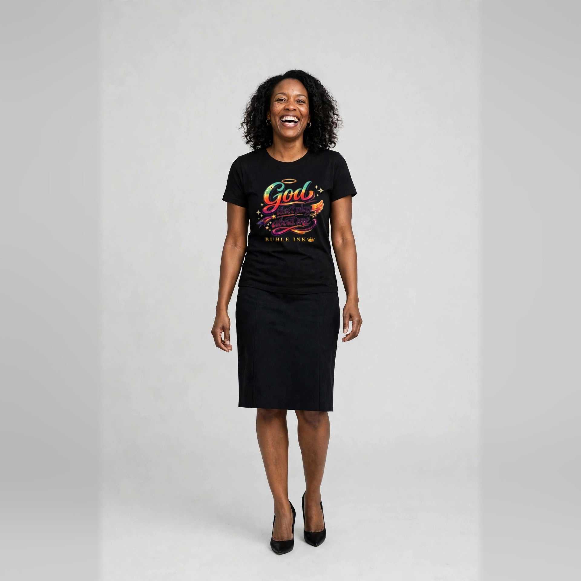 God Don't Play About Me Short Sleeve T-Shirt in Black, worn by a model. Model is 5'7" and wears size Medium.