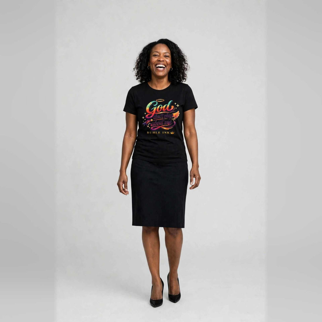 God Don't Play About Me Short Sleeve T-Shirt in Black, worn by a model. Model is 5'7" and wears size Medium.