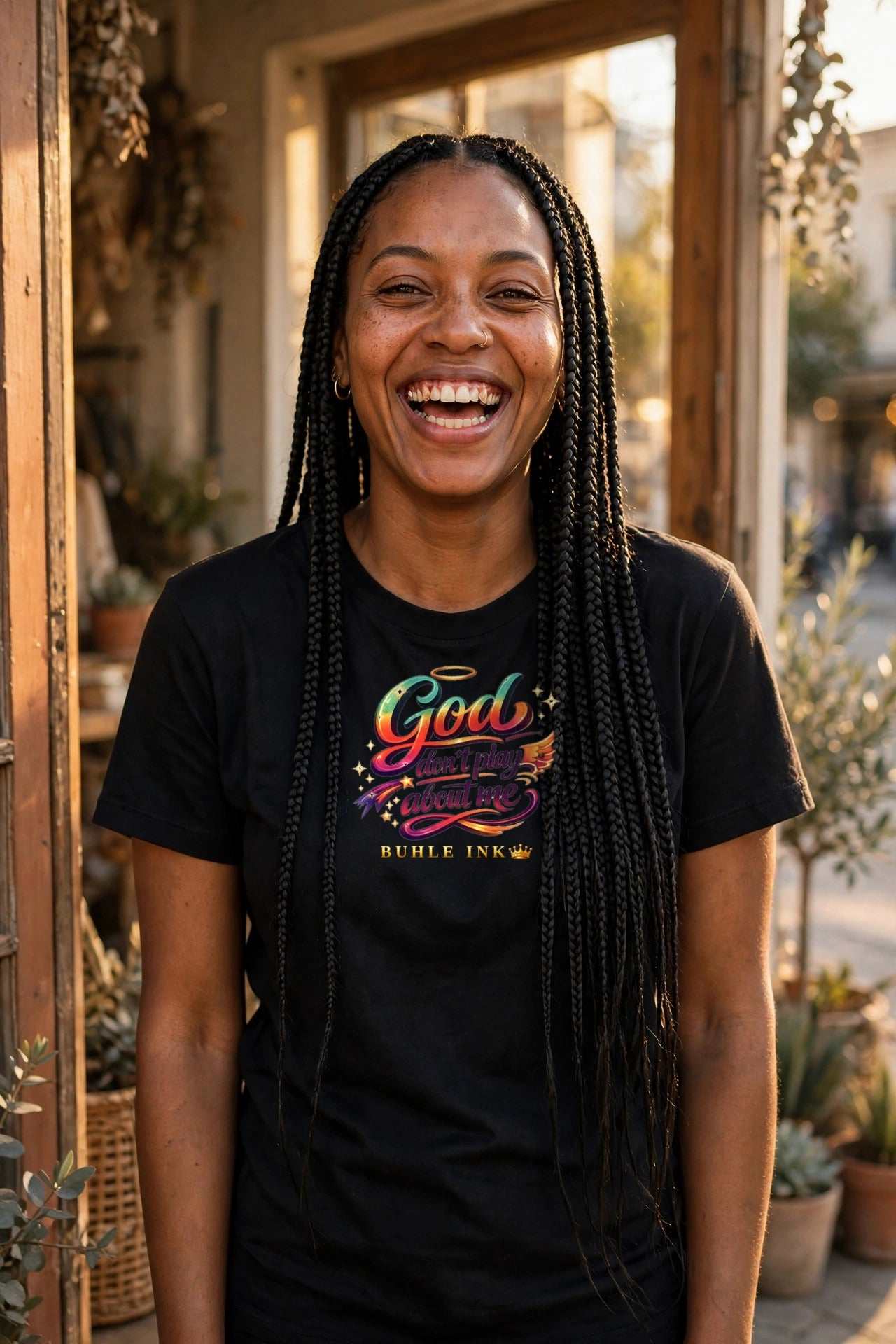 God Don't Play About Me Short Sleeve T-Shirt in Black, worn by a model. Model is 5'7" and wears size Medium.