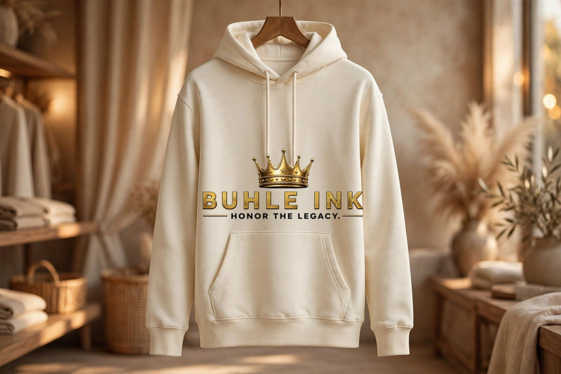 Honor The Legacy Hoodie in cream fleece, featuring a gold crown, BUHLE INK lettering, and “Honor the Legacy” chest print.