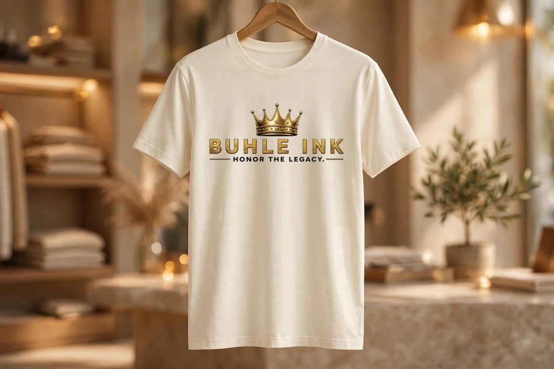 White cotton T-shirt with a gold crown and Buhle Ink lettering above the words “Honor The Legacy” on the front.