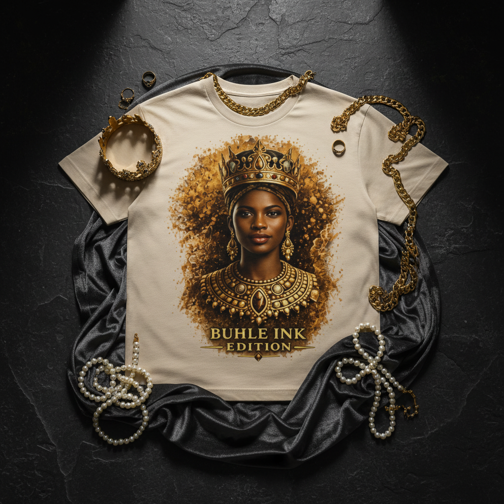 Queen T-Shirt flat lay - Buhle Ink Edition premium streetwear product shot