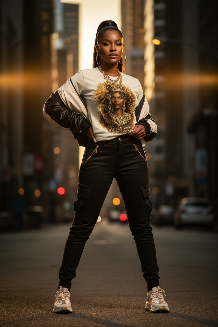 Queen T-Shirt lifestyle - African American woman in urban city setting wearing Buhle Ink Queen T-Shirt