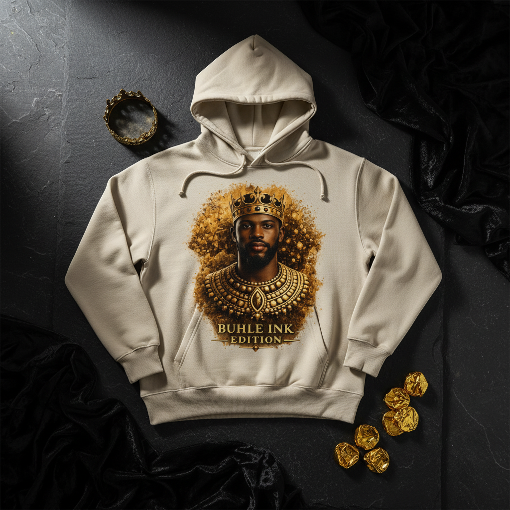 King Hoodie flat lay - Buhle Ink Edition premium streetwear product shot