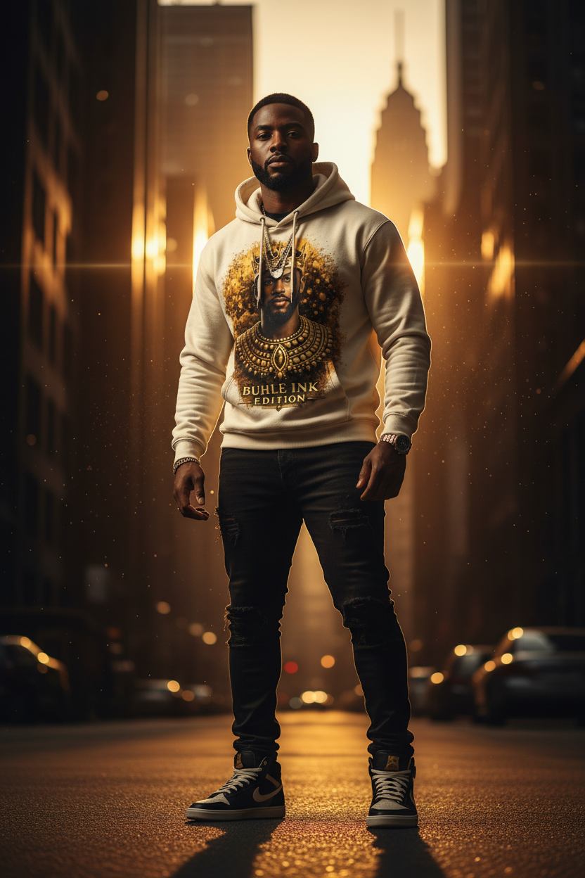 King Hoodie lifestyle - African American man in urban city setting wearing Buhle Ink King Hoodie