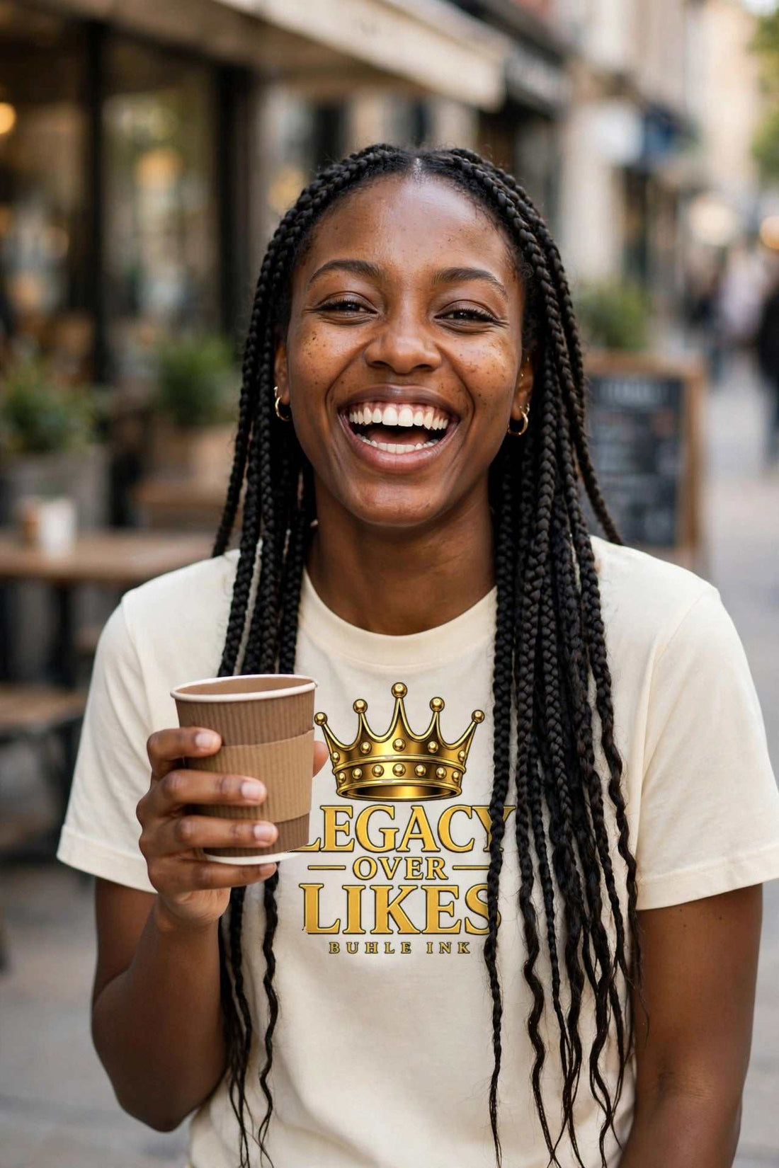 Legacy Over Likes Cream T-Shirt on model - Model is 5'7" and wears size Medium - Buhle Ink Apparel