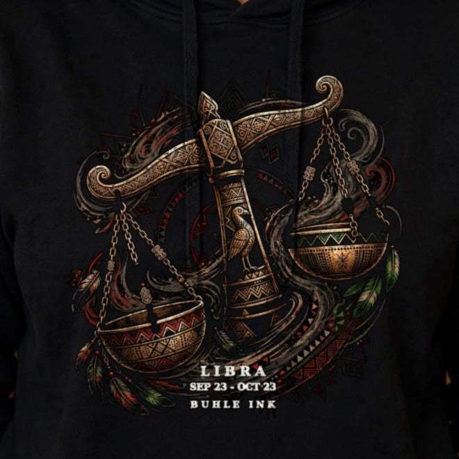 Close-up of the Libra scales print on the hoodie