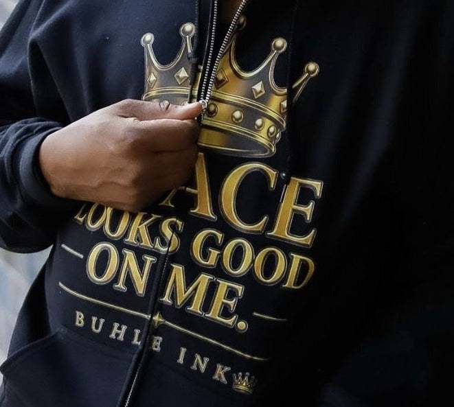 Peace Looks Good On Me Zip Up Hoodie - print detail at the zipper