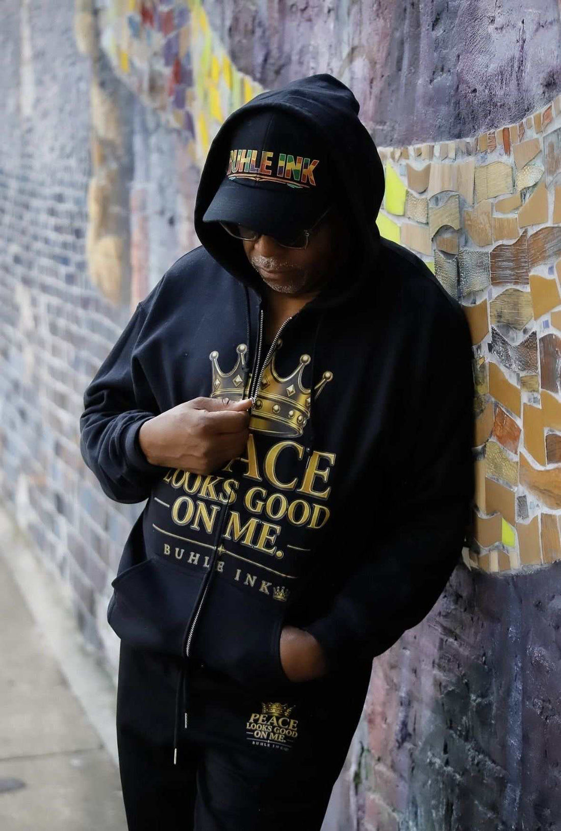 Peace Looks Good On Me Zip Up Hoodie Black with Peace sweatpants - Buhle Ink Apparel