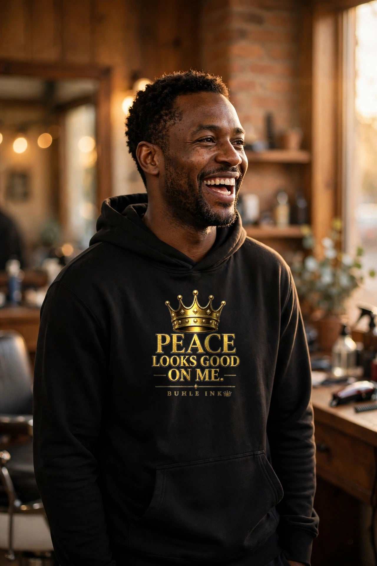 Peace Looks Good On Me Hoodie Black - model is 6 ft 1 in, wearing size Large