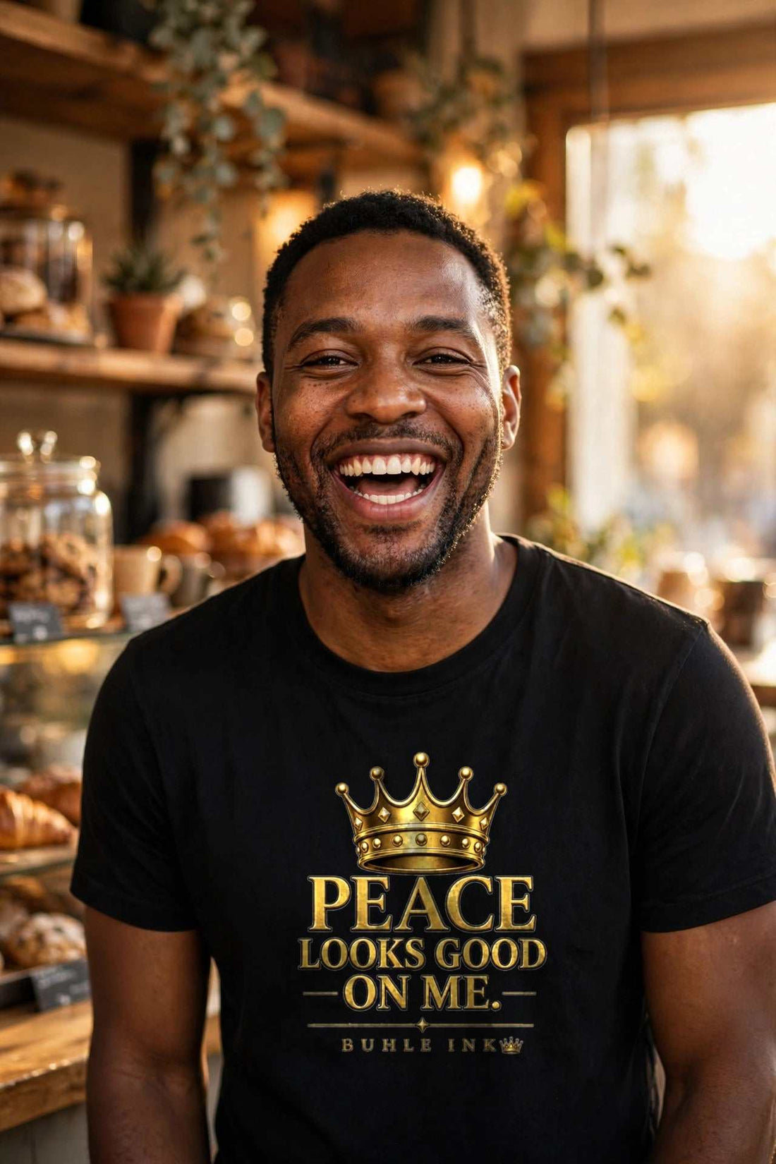 Peace Looks Good On Me Short Sleeve T-Shirt in Black, worn by model - Fit: Model is 5'11" and wears size Large - Buhle Ink Apparel